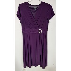 R & M Richard's Short Sleeve Purple Faux Wrap Dress Women's 16 Rhinestone Accent